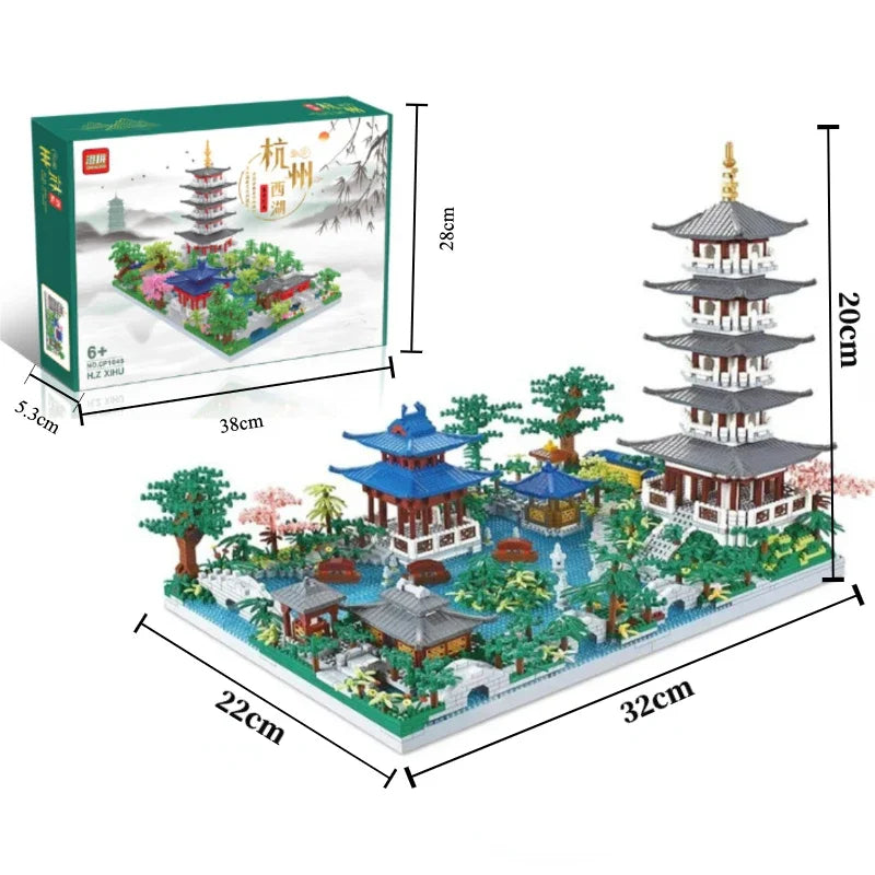 5186PCS Chinese Architecture Micro Building "Hangzhou West Lake "DIY Diamond Bricks with Ligh Toy for Kids Adult Gift