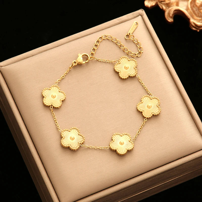 GANEMLY 316L Stainless Steel Golden Plum Blossom Plant Five Leaf Flower Set Necklace Earrings Bracelet Women Clover Jewelry Gift