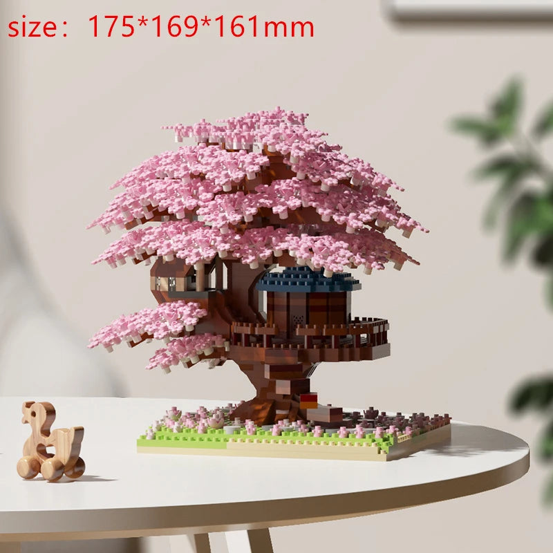 DIY Purple Romantic Cherry Blossom Flower Pink Tree House Train Assembly Building Blocks Classic Model Bricks Sets Kid