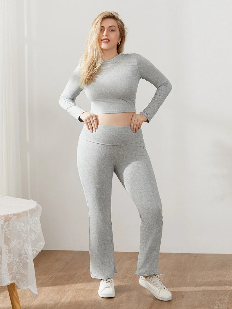 Women s Pants Outfits Solid Color Long Sleeve Boat Neck Crop Tops with Fold Over Trousers Set Streetwear