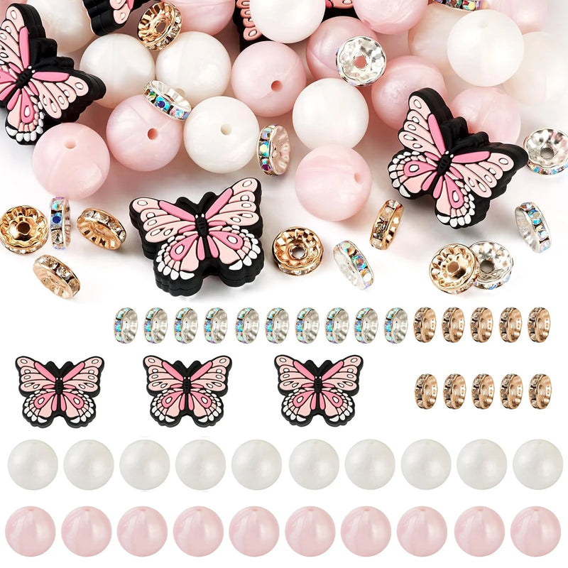 Butterfly Silicone Beads Pen Beads Round Silicone Focal Beads with Rhinestone Spacer Beads for Jewelry Pens Keychain Making DIY
