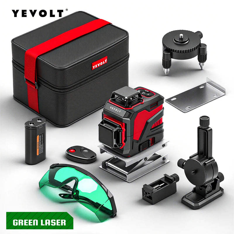 YEVOLT YVGLL4XS12 Series Green Laser Level 3-Plane 12-Line Self-leveling 360 3D Horizontal & Vertical 3.6V 3Ah Power Tools
