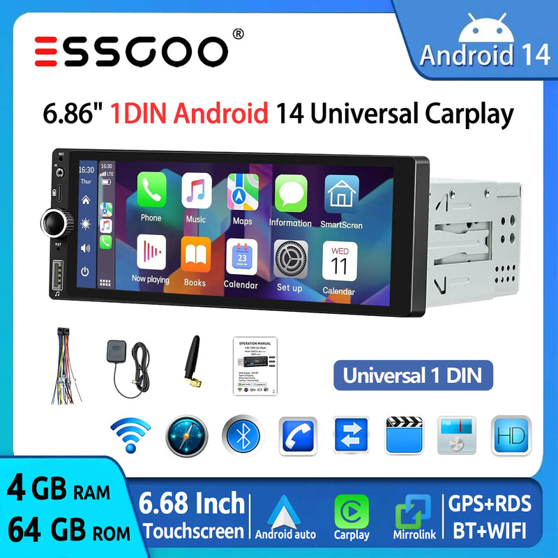 ESSGOO Single 1DIN 6.86" Android 14 4+64G Universal Car Stereo Radio CarPlay Android Auto Bluetooth USB Type-C Wifi FM GPS Navi
