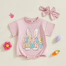 Adorable Toddler Easter Bunny Romper Set with Matching Headband - Cute Short Sleeve Letter Print Jumpsuit for Baby Girl