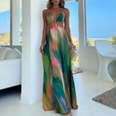 Hollow Out Backless Halter Split Long Dress Women Lace Up Off Shoulder Pleated Patchwork Holiday Dresses Party Sexy Beach Robe