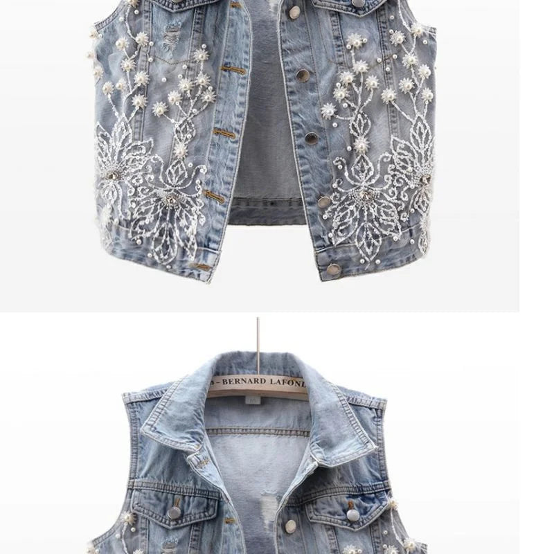 Women Denim Vest 2024 Pearls Fashion Ripped Autumn Jeans Jacket Sleeveless Loose Short Coat Causal Waistcoats Outwear Tops