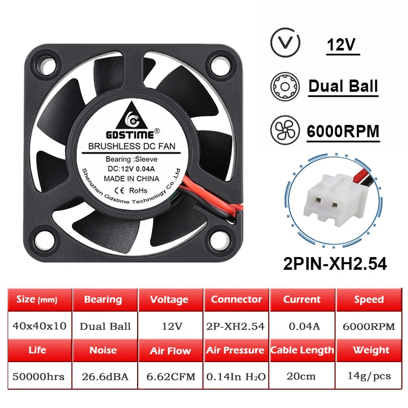 2PCS GDSTIME 40MM Cooler DC 5V 12V 24V 40x40x10mm Dual Ball Mini Cooling Fan 4010 Axial Fan 40MM for 3D Printer,DVR,NAS Cooling