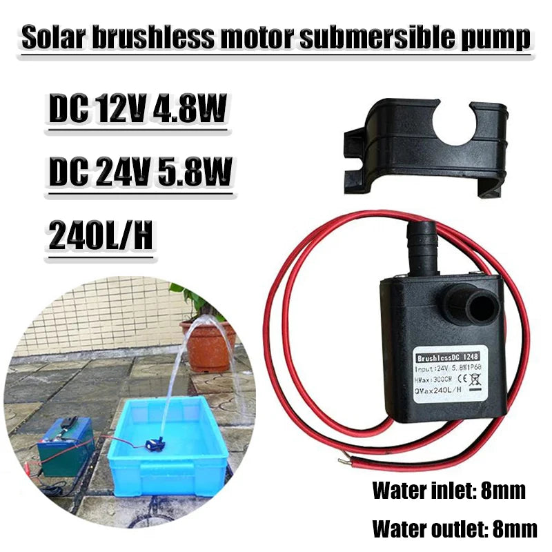 240L/H Water Pump DC 12V 24V Solar Brushless Motor Circulation Submersible Water Pumps 4.8W Watering Pump Pool Pump Ultra Quiet