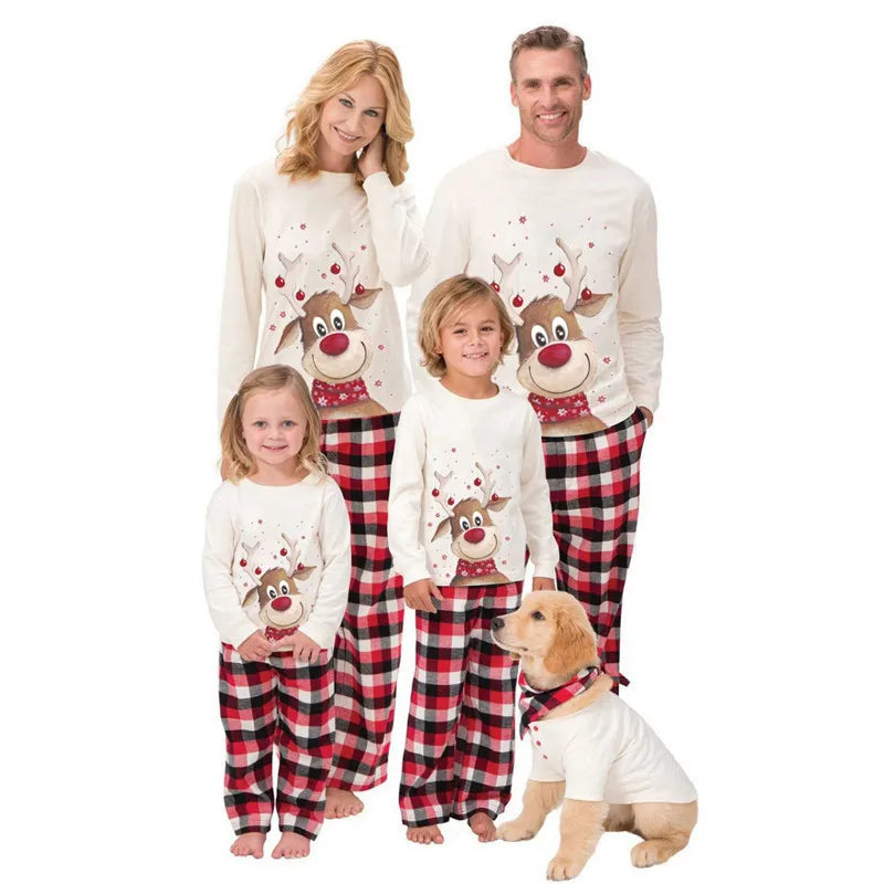 Family Christmas Matching Pajamas Set 2024 New Year Xmas Clothes Father Mom and Me Deer Top Red Plaid Pants Nightwear Pjs Outfit