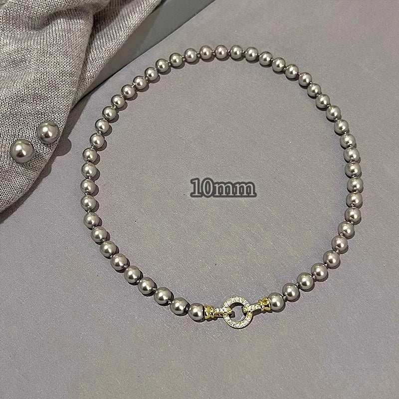 ANENJERY 6/8/10MM Gray Imitation Pearl Beads Chain Necklace for Women 2024 Trend Elegant Lady Necklace Jewelry Gifts