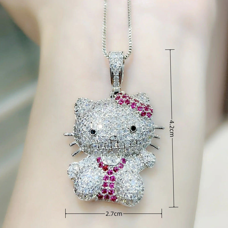 Kawaii Hello Kitty Necklace Anime Sanrio Hip Hop Cute Diamond Pendant Necklace Men's and Women's Cartoon Fashion Jewelry Gift