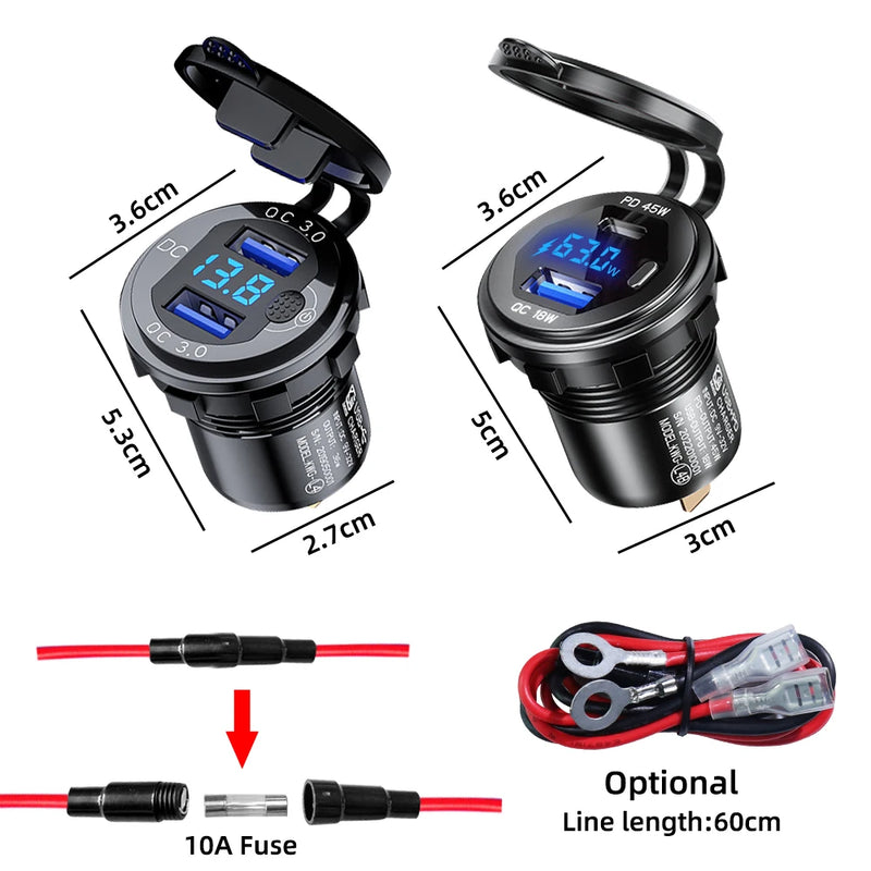 Aluminum 63W USB Charger Socket Fast Charge 12V/24V USB C Car Charger Socket PD and QC3.0 Dual USB Ports for Car Boat Motorcycle