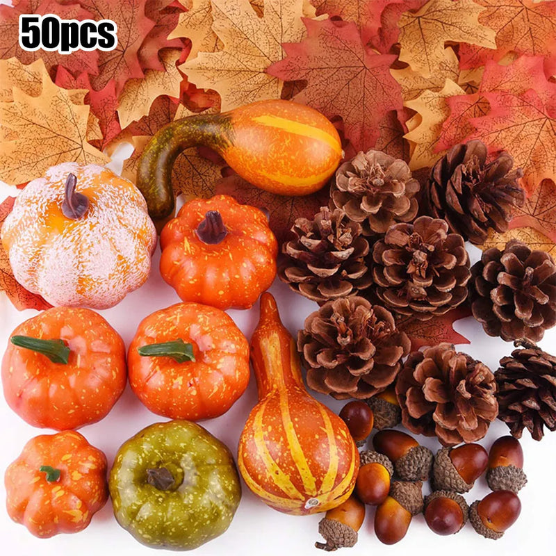 50Pcs Halloween Artificial Pumpkin Autumn Fall Wreath Maple Leaves Pine Cones Set For Christmas Thanksgiving Decor Fall Pumpkin