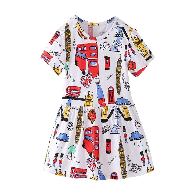 Jumping Meters Summer Cotton Baby Girls Dresses With Dinosaurs Print Pockets Children&