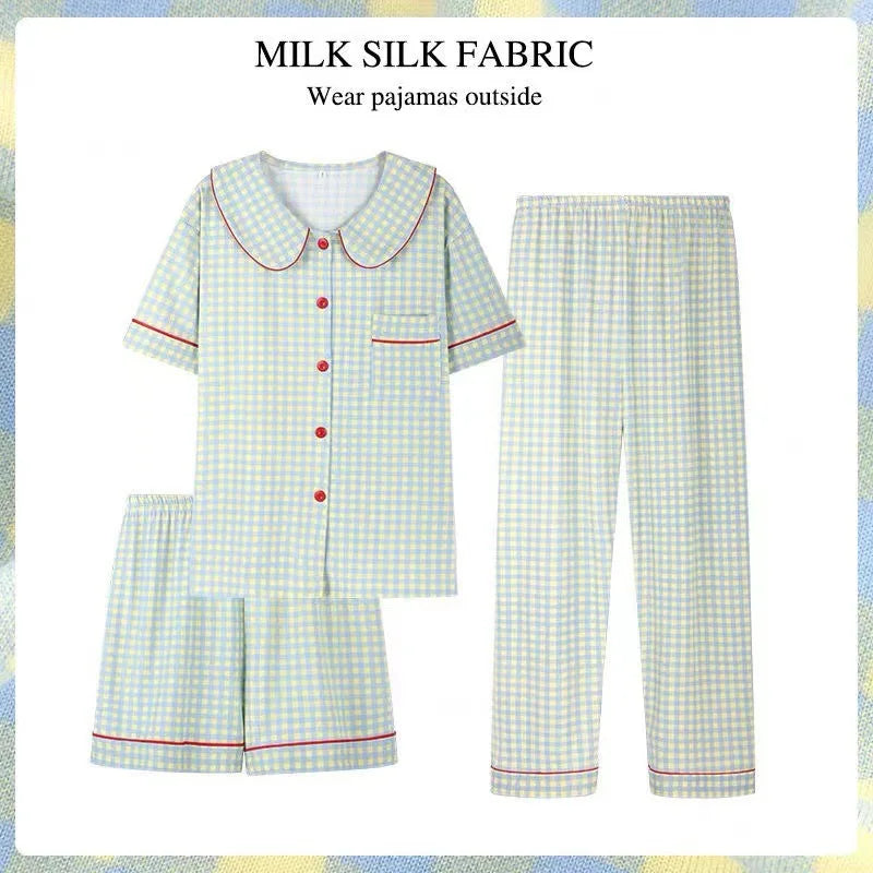 3pcs/set Short Sleeve Premium Feeling Pajamas Women's Cardigan Short Sleeve Long Pants Homewear Ladies Student Pajama ThreeSet