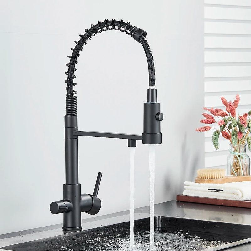 Matte Black Filtered Kitchen Faucet Pure Water Kitchen Faucet Dual Handle Hot&Cold Drinking Water Purified Kitchen Mixer Taps