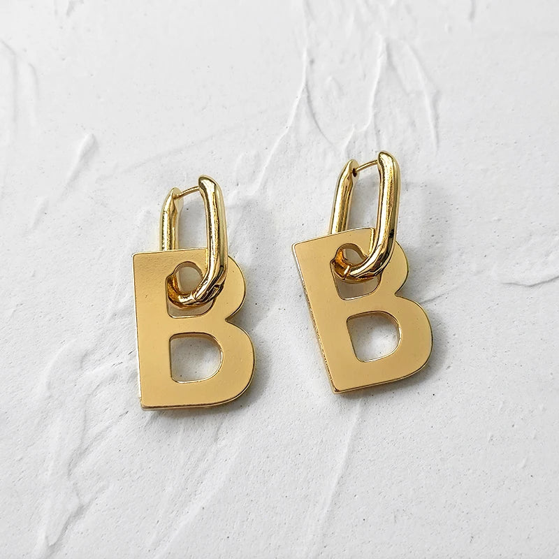 Peri'sBox 2 Sizes Thick Letter B Dangle Earrings for Women Bold Gold Color Geometrical Initial Hanging Earrings Celebrity Style