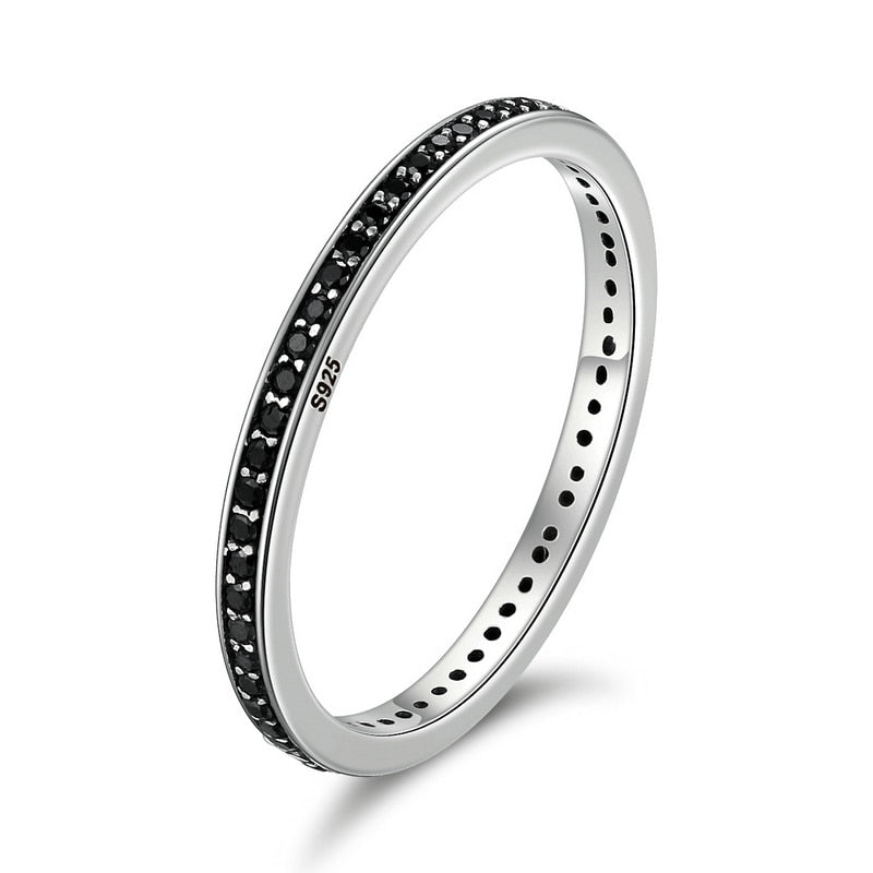 Bamoer Genuine 925 Sterling Silver Double Circle Black Clear CZ Stackable Finger Ring for Women Fine Silver Jewelry Gift SCR082