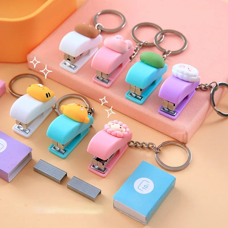 Cute Mini Stapler Portable Cartoon Staples Binding Tools File Organizer Office Stationery School Student Supplies Key Ring