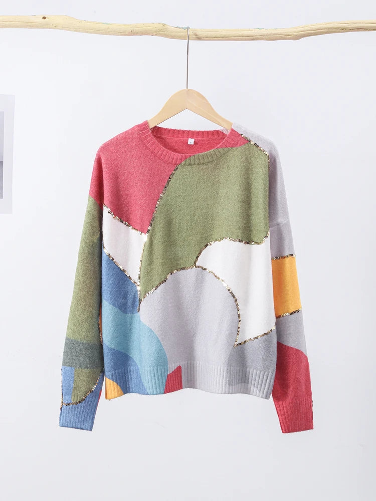 Sequin Knit Pullover Women Colorful Sweater long Sleeve O-neck Casual Female Sweaters 2023 Autumn Winter Casual Lady Outwear