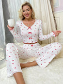 Autumn Winter Sleepwear Women Pajama Set Lace V-neck Bow Heart Print Long Sleeves Pullover &Trousers Loungewear Outfit