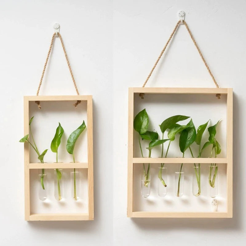 Fashion Wall Hanging Glass Flower Vase Wall Hanging Test Tube with Wooden Stand Transparent Glass Planter Hydroponic Plant Vase