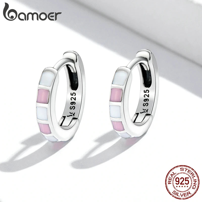 BAMOER 925 Sterling Silver Simple Check Fashion Ear Buckles for Women Light Pink & White Color Hoop Earrings Fine Jewelry Gift
