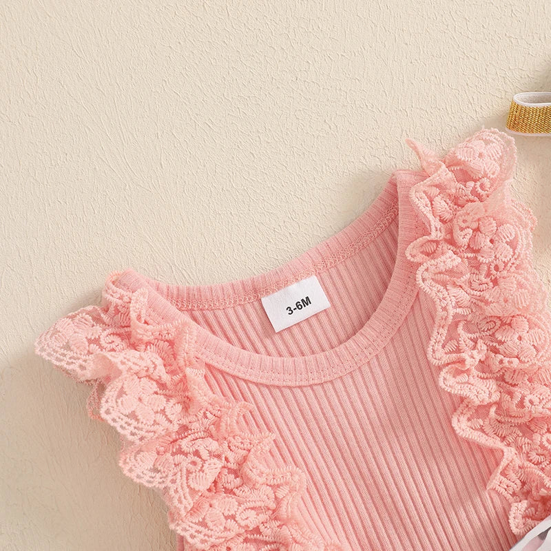 Toddler Girls Floral Print Romper Dress with Lace Ruffles and Matching Headband for Easter Celebration and Photoshoots