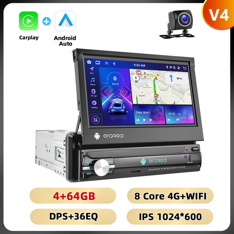 Podofo 1Din 7 ''Car Multimedia Player 8 + 128G 8Core Car Radio Carplay Android Car WIFI GPS Navigation Retractable Screen Stereo