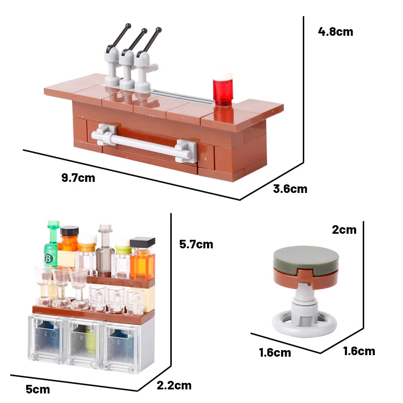 MOC City Bar Counter Building Blocks Kit  Liquor Beer Wine Cabinet Hotel Pizza Oven Kitchen Stove Garbage Can Bricks Toys