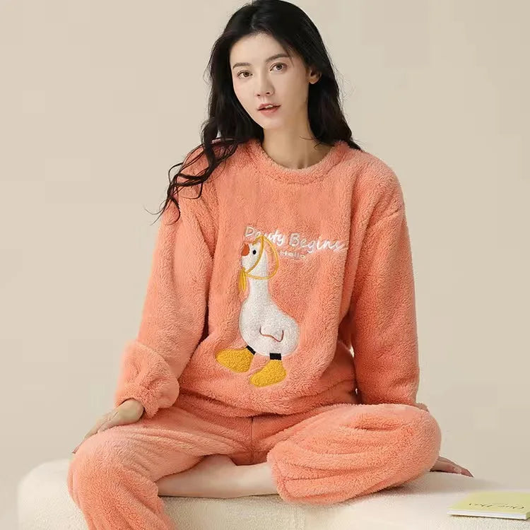 Autumn Winter Thick Coral Velvet Long Sleeve cute Cartoon Sleepwear Warm Flannel Women Pyjamas Sets Flannel Pajamas Set for Girl