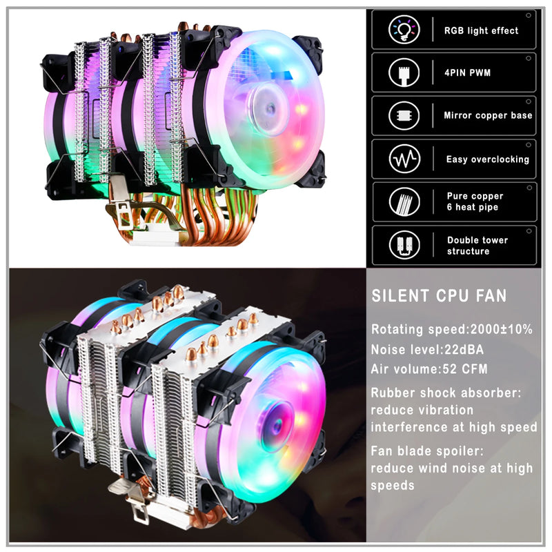 Cpu Tower Cooler 6 Heatpipes 2 Fans Air Cooler lga2011Radiator 4Pin Cooling Cpu Fan For Intel Lga1700/1366/1200  AMD AM4