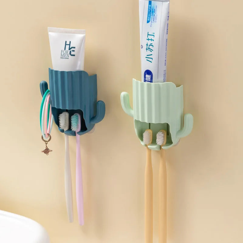 Wall Self-adhesive Storage Rack Toothpaste Holder Cactus Hook Drain Bathroom Shelf Wall-mounted Electric Toothbrush Organizer