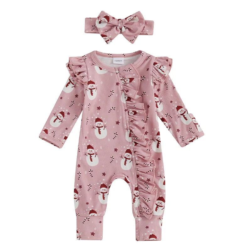 Toddler Christmas Romper Set with Matching Headband Festive Snowman and Snowflake Print Zip Up Jumpsuit for Baby Girl