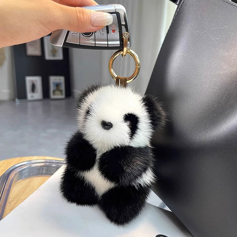 Small Panda Plush Doll Women Bag Ornaments Cute Imitation Mink Fur Panda Car Keychain Cute Bear Car Key Chain Fashion Gift