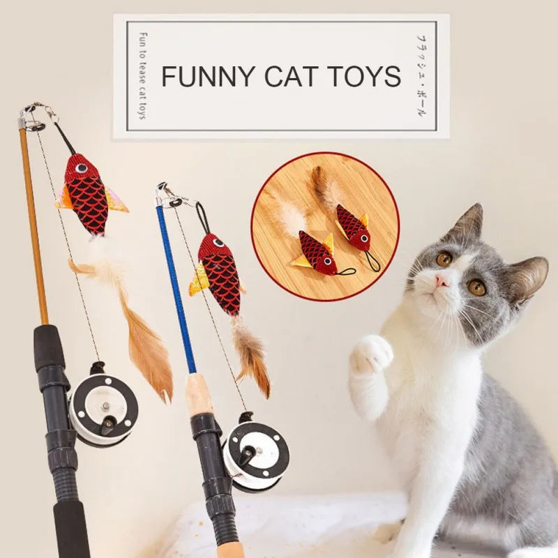 Stick Feather Wand Toys Cat Interactive Toy Fish-shaped Telescopic Fishing Rod Cat Teaser Toy Supplies Random Color Cat toys