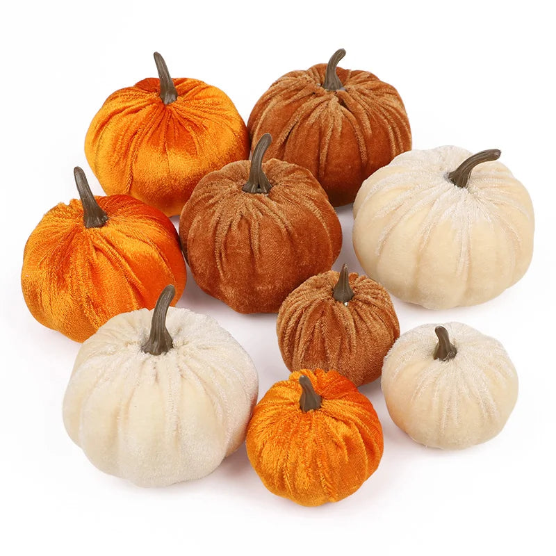 9Pcs Velvet Artificial Pumpkin Ornaments Halloween Party Thanksgiving Dinner Table Decoration Autumn Fall Home DIY Craft Wreath