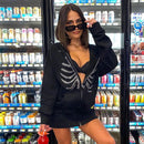 Zip Up Gothic Black Hoodies Y2K Rhinestone Streetwear Women Autumn Winter Oversized Sweatshirts Retro Grunge Punk Hooded Jacket