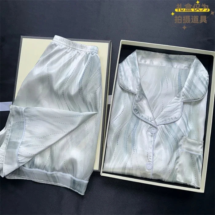 2 Pieces Print Sleepwear Faux Silk Satin Nightwear Pyjamas Fashion Casual Pajama Women Shorts Pajamas Set Ink Painting Outfits