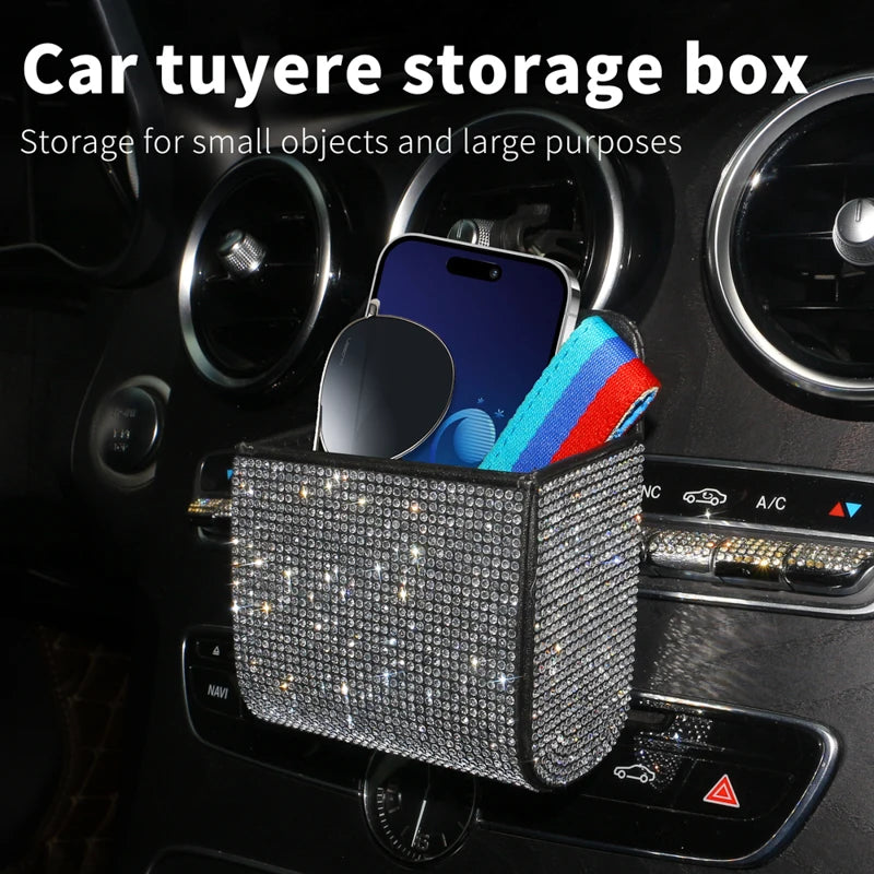 Crystal Diamond Car Vent Storage Box Auto Leather Organizer Cell Phone Glasses Key Card Holder Decor Car Accessories for Women