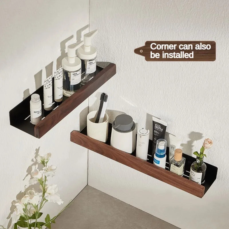 Bathroom Shelf No Punch Storage Rack Solid Wood Bathroom Shelves Punch-Free Wooden Shelf Wall-Mounted Shower Toilet Organizer