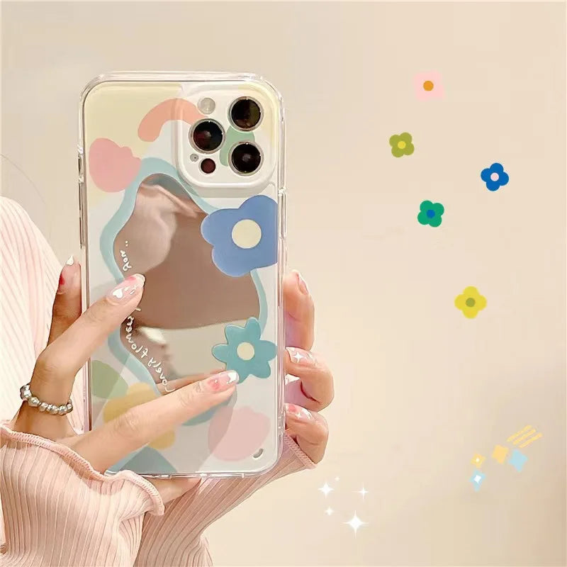 Cartoon Flower Mirror Make Up Case for iPhone 15 14 13 Pro Max 12 11 Camera Protection Shockproof Soft Cover for iPhone 15Pro