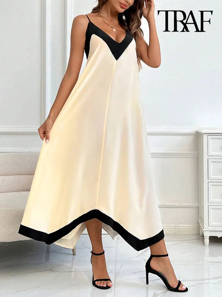 TRAF-Women's Asymmetrical Semi-Sheer Midi Dress, V Neck, Thin Straps, Female Dresses, Patchwork, Sexy Fashion