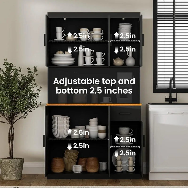 Kitchen Pantry Cabinet, 71" Tall Kitchen Storage Cabinet with Power Outlet, Freestanding Kitchen Hutch with countertop