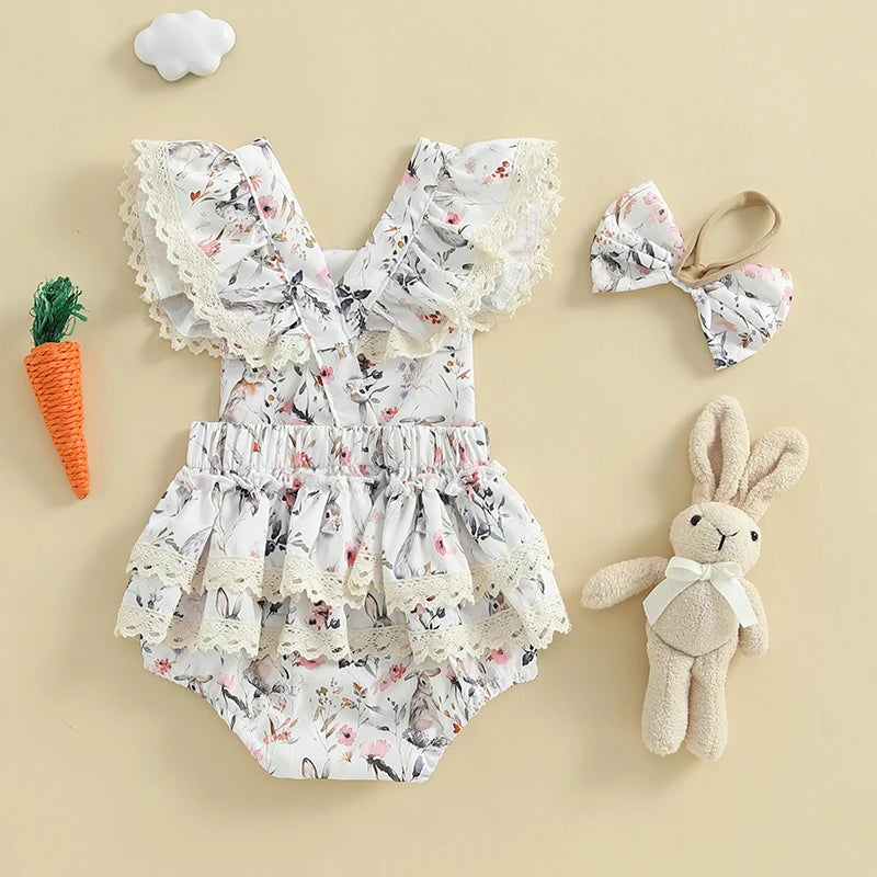 Toddler Girls Floral Bunny Print Lace Trim Flutter Sleeve Romper with Bow Headband Easter Outfit Set 2 Pieces