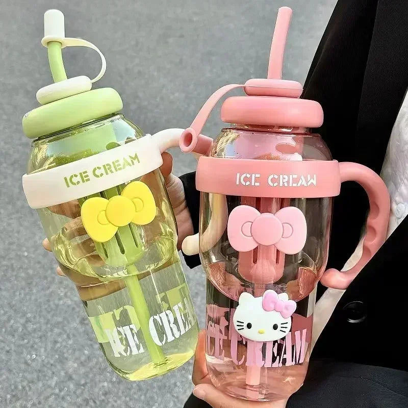 1300ML With Handle Water Bottle MINISO Hello Kitty Gym Large Capacity Straw Water Cup Kuromi My Melody Cartoon Children Cup Gift