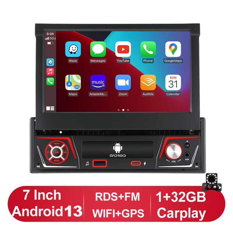 1 din Car Radio Android Carplay Auto Universal 7" IPS Retractable Screen gps Navigation 1 Din Android 13 Multimedia Video Player