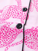 Casual pink leopard print pajama set for women lapel short-sleeved top and baggy shorts loungewear for women
