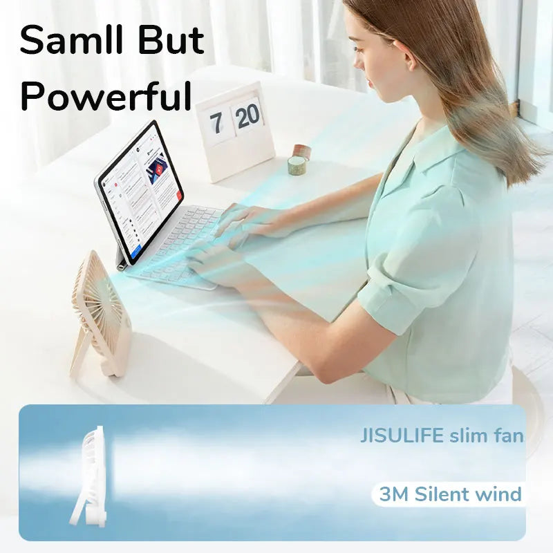 JISULIFE Portable Small Desk Fan Ultra Quiet Table Fan USB Rechargeable  Cooling Fan With 4 Speed Powerful Wind Offices Fan