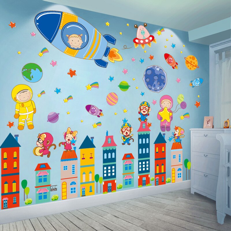 Outer Space Wall Stickers DIY Planets Rockets Astronaut Wall Decals for Kids Rooms Baby Bedroom Children Nursery Home Decoration